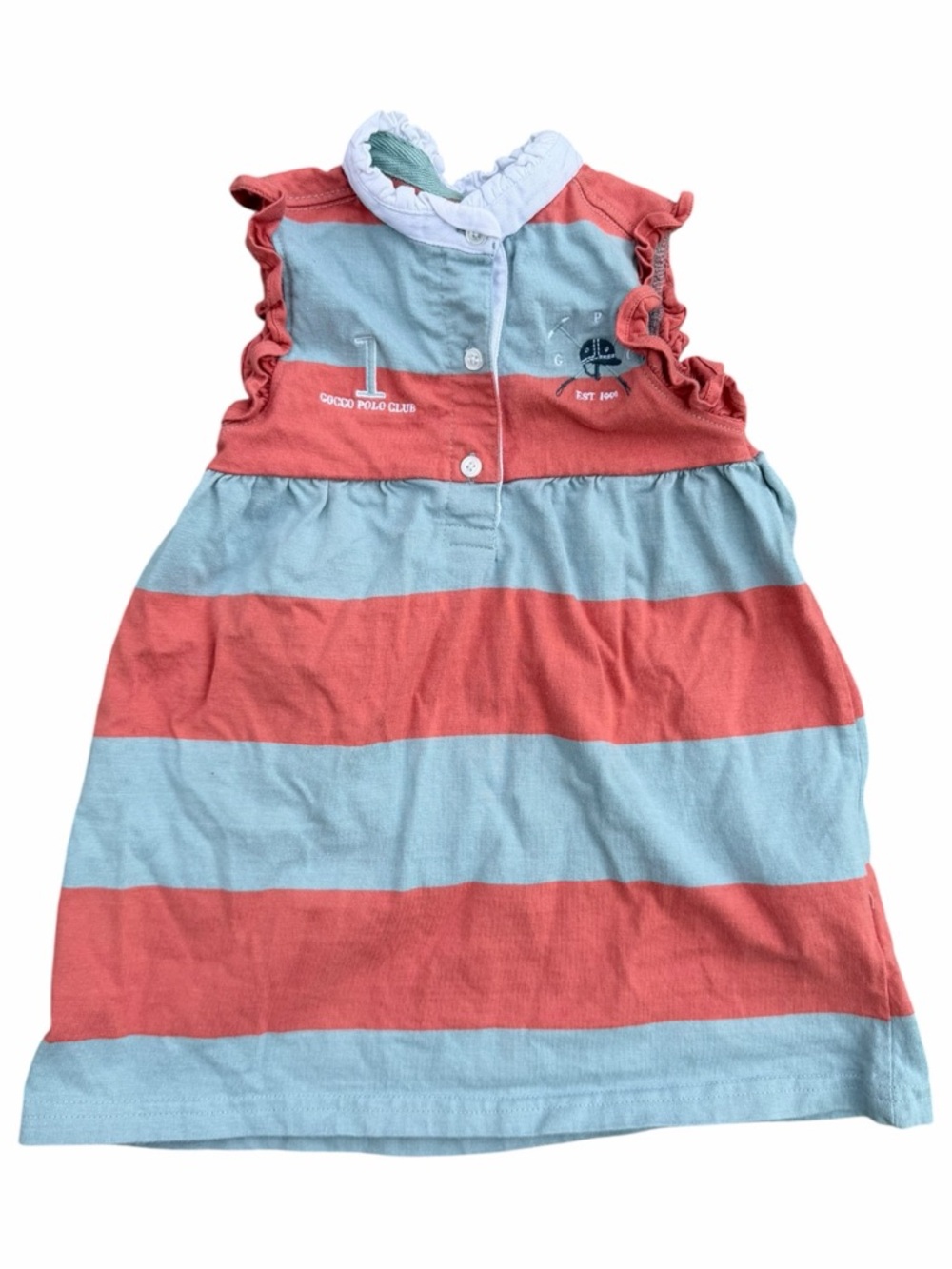 Gocco Girls Striped Dress Coral Blue Size 3-4 Ruffle Sleeve Casual Preppy